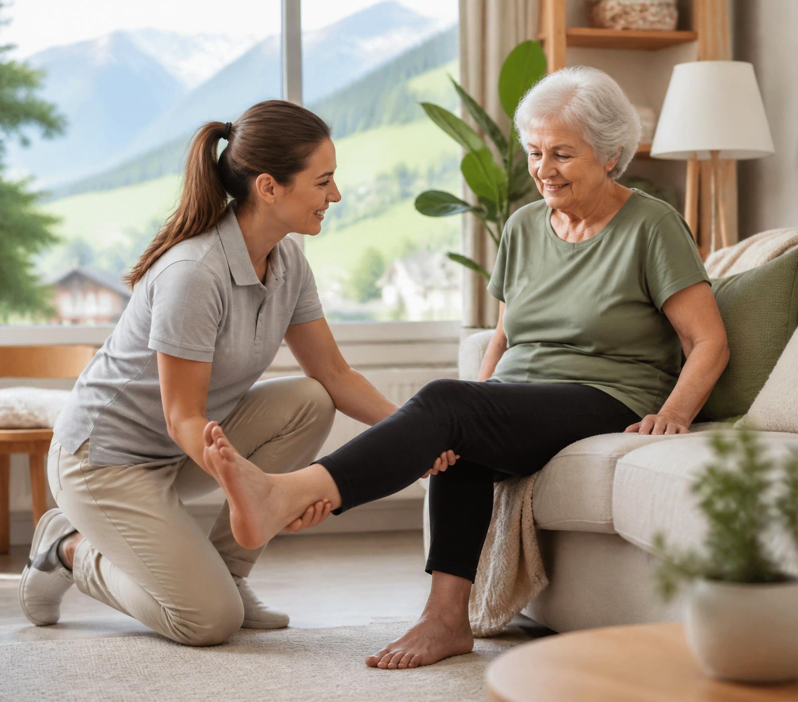 Une physiothérapeute accompagne une patiente âgée assise sur son canapé, dans un salon lumineux.